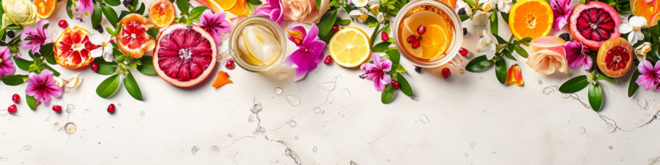 A colorful arrangement of fruit and flowers on a white background. The fruit includes oranges, lemons, and grapefruit, while the flowers are pink and purple. The arrangement is vibrant and lively - obrazy, fototapety, plakaty