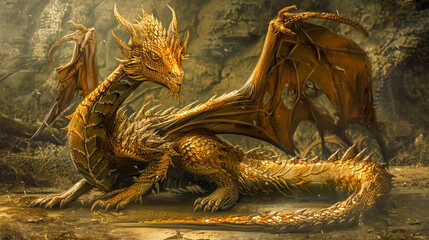 Majestic golden dragon in mythical lair - obrazy, fototapety, plakaty