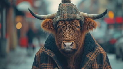 A cow wearing a hat and a coat is standing on a street - obrazy, fototapety, plakaty