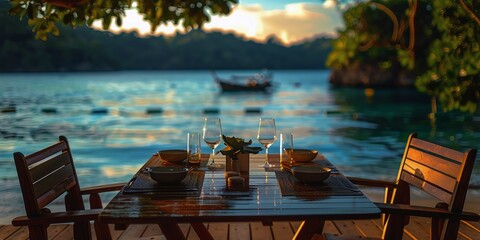 Romantic table setting for two overlooking a serene sea at sunset