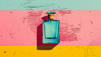 A bottle of perfume is sitting on a table with a colorful background. The bottle is blue and has a yellow cap. The background is a mix of pink, yellow, and green, creating a vibrant