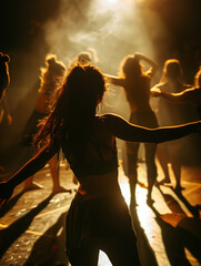Silhouettes of dancers on stage with dramatic lighting