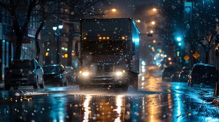 A delivery truck is captured in motion, its headlights reflecting on the wet city street during a rain shower - obrazy, fototapety, plakaty