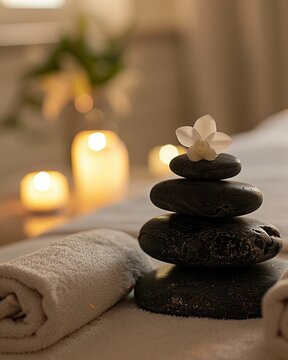 Hot stone massage session, deep relaxation, dimly lit room, peaceful afternoon calm , vibrant