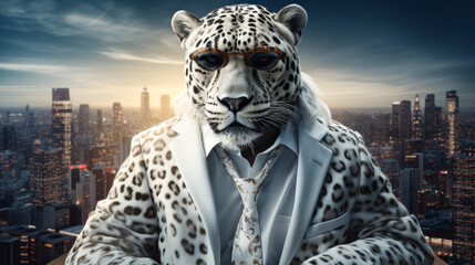 A man in a leopard suit is sitting at a desk in a city. He is wearing a tie and glasses - obrazy, fototapety, plakaty