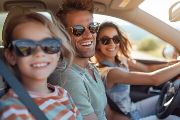 Portrait of happy laughing smiling family of four with children riding in modern car traveling by automobile together enjoying vacation or road trip on weekend. Family travel, Generative AI
