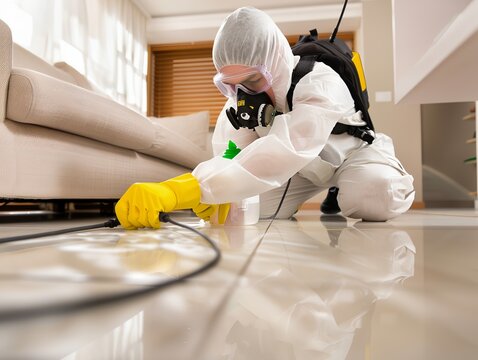 A man in a white suit and yellow gloves is cleaning a floor