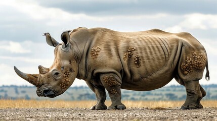 A lone rhinoceros standing forlornly on the savannah, its horn cracked and its skin covered in...