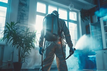 A man in a hazmat suit sprays a room with a hose - obrazy, fototapety, plakaty