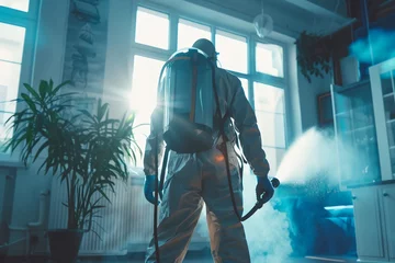 Tuinposter A man in a hazmat suit sprays a room with a hose © inspiretta