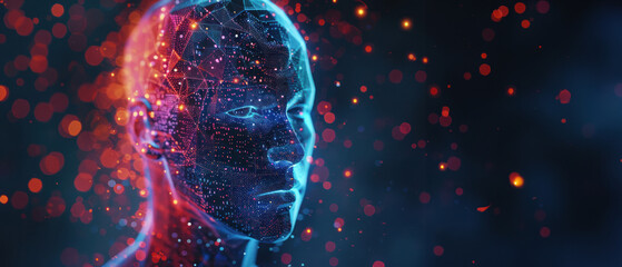 The visualization features a male profile with intricate red neural network connections highlighting the concept of brain activity