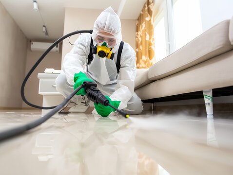 A man in a white lab coat is spraying a floor with a green hose