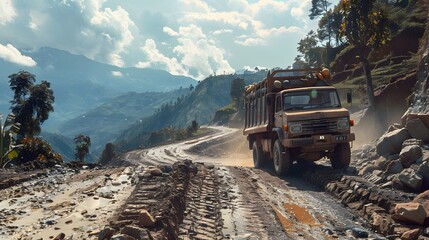 A heavy-duty truck navigates a challenging muddy mountain road, reflecting the harsh conditions of rural transportation - obrazy, fototapety, plakaty
