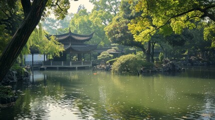 Enigmatic beauty of jiangnan gardens: tranquil li garden landscape with ethereal atmosphere and ornate foliage in china - obrazy, fototapety, plakaty