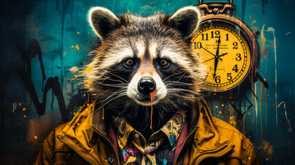 A raccoon is wearing a yellow coat and standing in front of a clock. The clock is set at 10:10 - obrazy, fototapety, plakaty