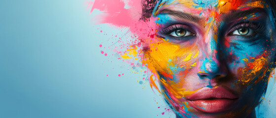 A woman's face is painted with bright colors and has a splash of paint on it. The image is meant to convey a sense of creativity and self-expression