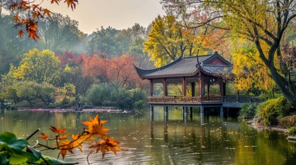 Enigmatic beauty of jiangnan gardens: tranquil li garden landscape with ethereal atmosphere and...