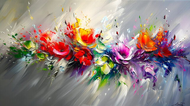 A painting of a bouquet of flowers with a variety of colors. The painting is abstract and has a sense of movement and energy. The colors are vibrant and the brushstrokes are bold