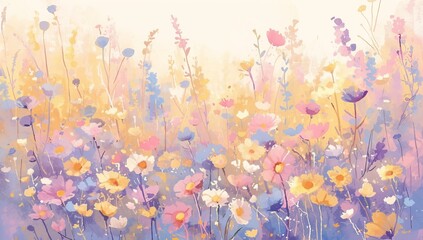 watercolor wildflowers, pastel orange pink yellow blue and purple red color palette, colorful background