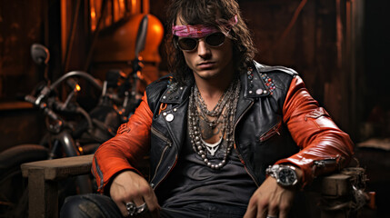 A man in a leather jacket and sunglasses sits in a chair. He is wearing a bandana and has a watch on his wrist