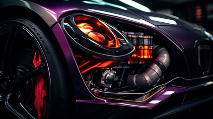 A close up of a car's engine with a red and black rim. The car is purple and has a black and orange headlight