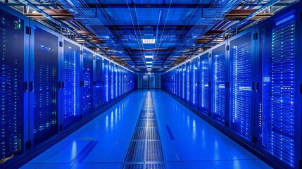 Futuristic server room with rows of illuminated racks.