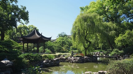 Enigmatic beauty of jiangnan gardens: tranquil li garden landscape with ethereal atmosphere and ornate foliage in china