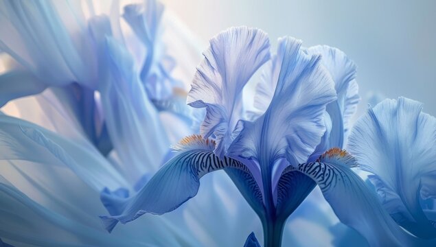 A closeup of blue irises, their petals flowing in the wind, creating an ethereal and dreamy atmosphere Generative AI