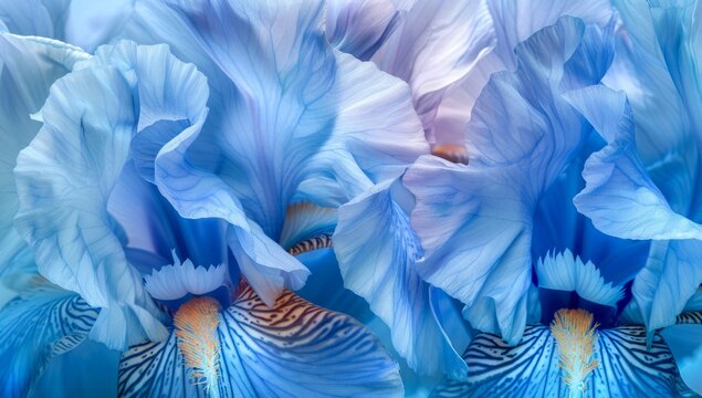 Blue irises, beautiful blue petals, abstract photography, macro art Generative AI