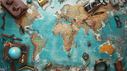 World map with scattered travel objects, conceptualizing journey planning, johannesburg, south...