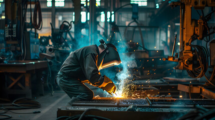 man welds metal in factory