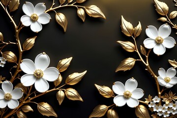 beautiful abstract background with white flowers in gold