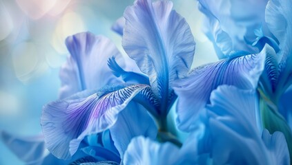Closeup of blue irises, with petals in shades from light to dark blue, set against a soft background Generative AI