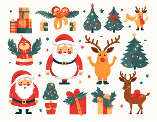 Christmas, New Year holidays icon big set. Flat style collection. Isolated on white background. Christmas ornament. Santa hat, tree, gift, persent, house, cookies, reindeer. Outline, thin line