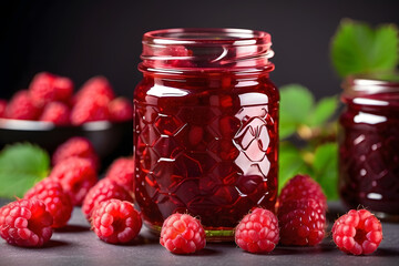 a jar of raspberry jam surrounded by raspberries, a stock photo, Gourdaine, pixabay contest winner, private press, stock photo, redshift, creative commons attribution