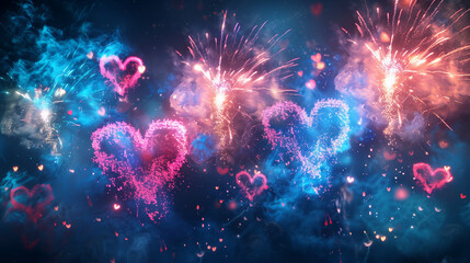 Firework Hearts Lighting Up the Night Sky - obrazy, fototapety, plakaty