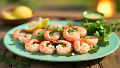 A plate of grilled shrimp with a lemon wedge and parsley on a wooden table