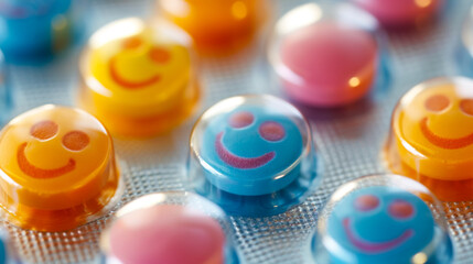 A row of colorful pills with smiling faces on them. The pills are in a plastic container and are arranged in a row