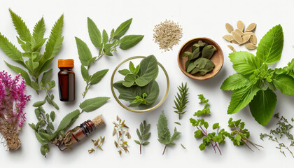 Variety of medicinal plants, each with their unique healing properties, beautifully isolated against a  white background, symbolizing nature’s pharmacy - obrazy, fototapety, plakaty