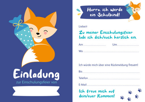 Einladung zur Einschulung mit niedlichem Fuchs