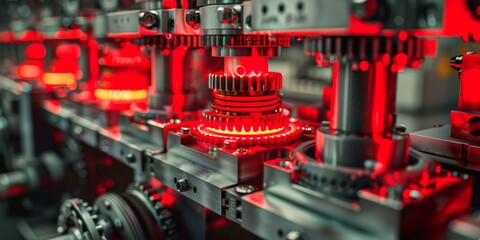 Precision engineering in industrial machinery with glowing red circle parts