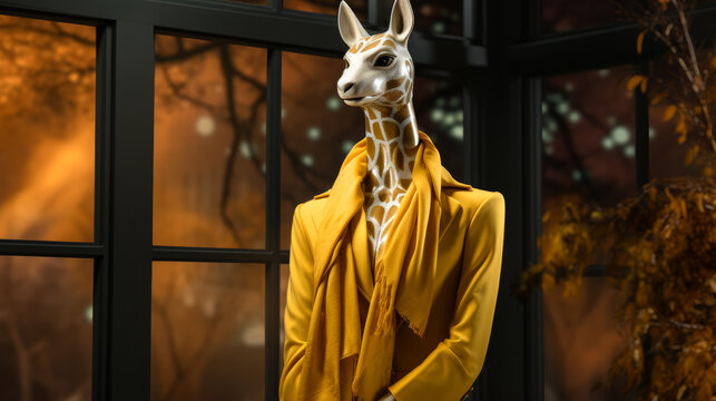 A giraffe wearing a yellow coat and scarf stands in front of a window. The image has a whimsical and playful mood, as the giraffe is dressed in human clothing and poses as if it were a person