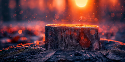 Abgeschnittener Baumstamm im glühenden Flammen, ai generativ