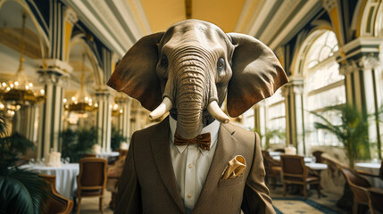 A man in a suit and tie is wearing an elephant mask. The image has a whimsical and playful mood, as the man is dressed in a formal suit and tie but with an unconventional and humorous twist - obrazy, fototapety, plakaty