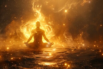 Obraz premium A man is sitting in a pool of water with a fire in the background