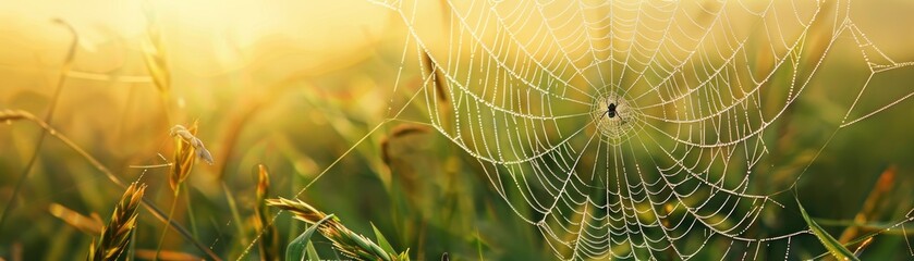 close-up of a spider web in a green meadow at sunrise