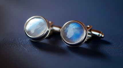 The minimalist composition focusses on designer cufflinks with blue stones against a sleek, blue background showing modern luxury