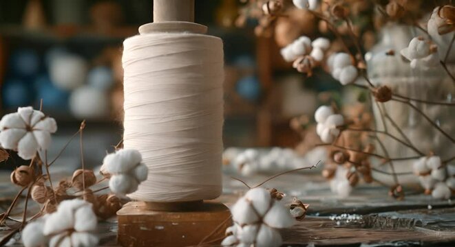 Raw cotton bolls beside a spool of thread, nature's garment