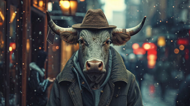 A bull with a hat on its head is standing in the snow. The image has a surreal and whimsical feel to it, as it is not a typical scene of a bull in the snow