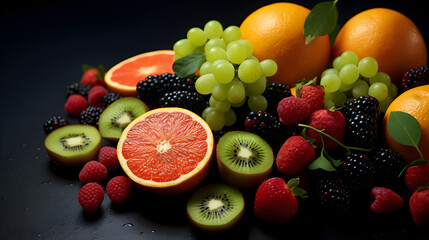 Mix of fresh fruits on a dark background isolated. The concept of healthy eating and strengthening immunity - obrazy, fototapety, plakaty